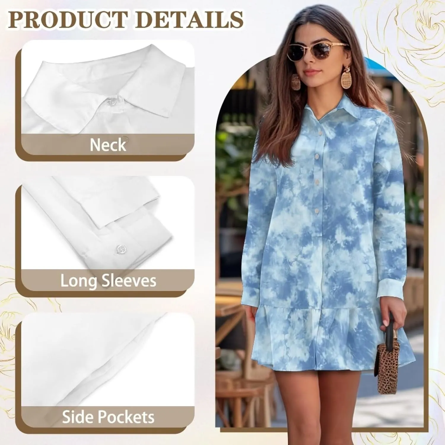 Tunic Shirt Mini Dress for Women Stylish Button Down V-Neck Shift Dress Drop Waist Long Sleeve Mini Dresses