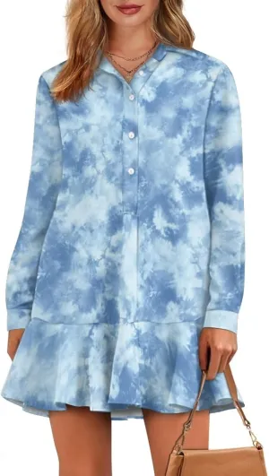 Tunic Shirt Mini Dress for Women Stylish Button Down V-Neck Shift Dress Drop Waist Long Sleeve Mini Dresses