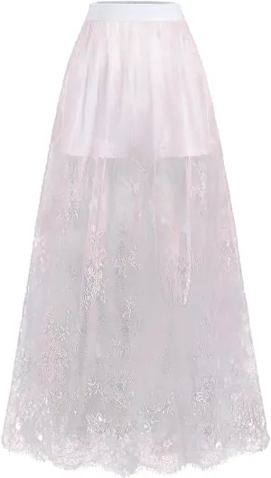 Verdusa Women's Floral Lace Mesh Layered Long Skirt High Rise Flowy Maxi Skirt