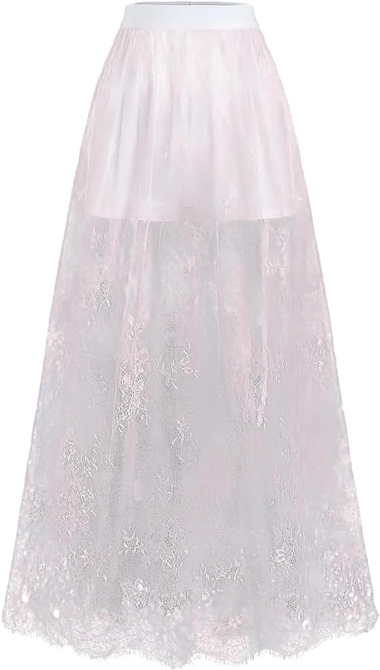 Verdusa Women's Floral Lace Mesh Layered Long Skirt High Rise Flowy Maxi Skirt