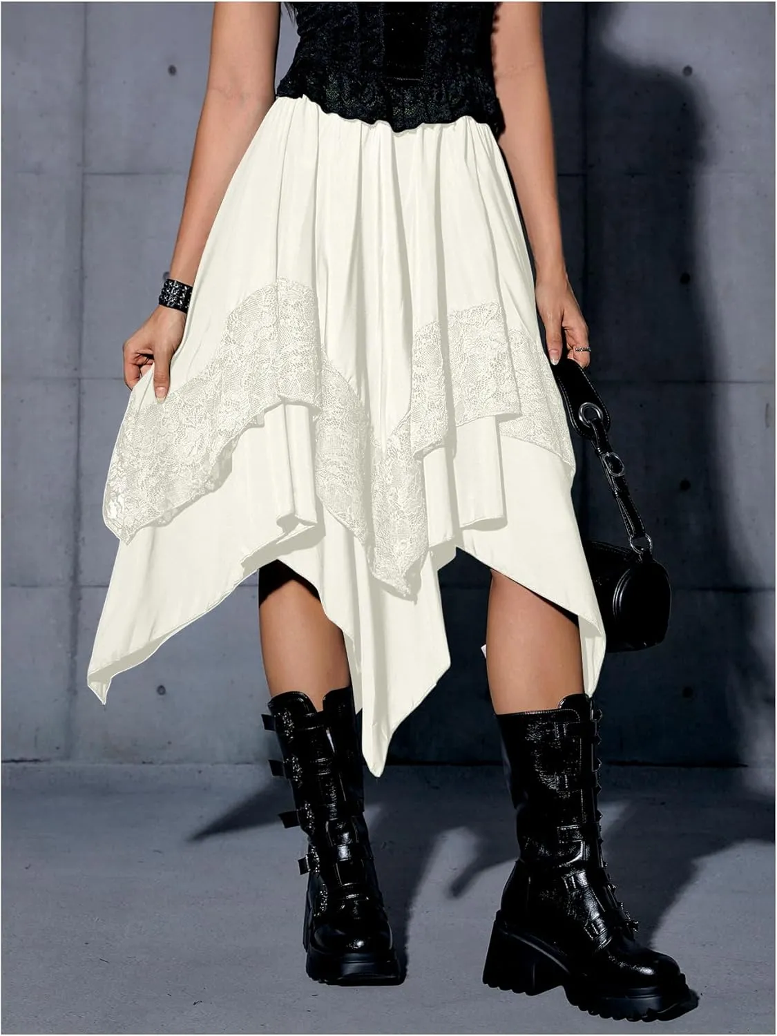 Verdusa Women's Renaissance Flowy Fairy Skirt Y2k Contrast Lace Layered Asymmetrical Midi Skirts
