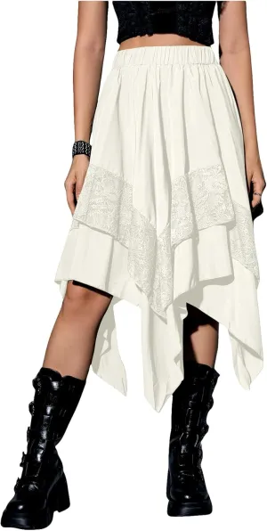 Verdusa Women's Renaissance Flowy Fairy Skirt Y2k Contrast Lace Layered Asymmetrical Midi Skirts