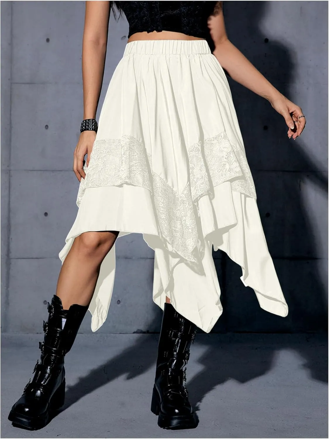 Verdusa Women's Renaissance Flowy Fairy Skirt Y2k Contrast Lace Layered Asymmetrical Midi Skirts