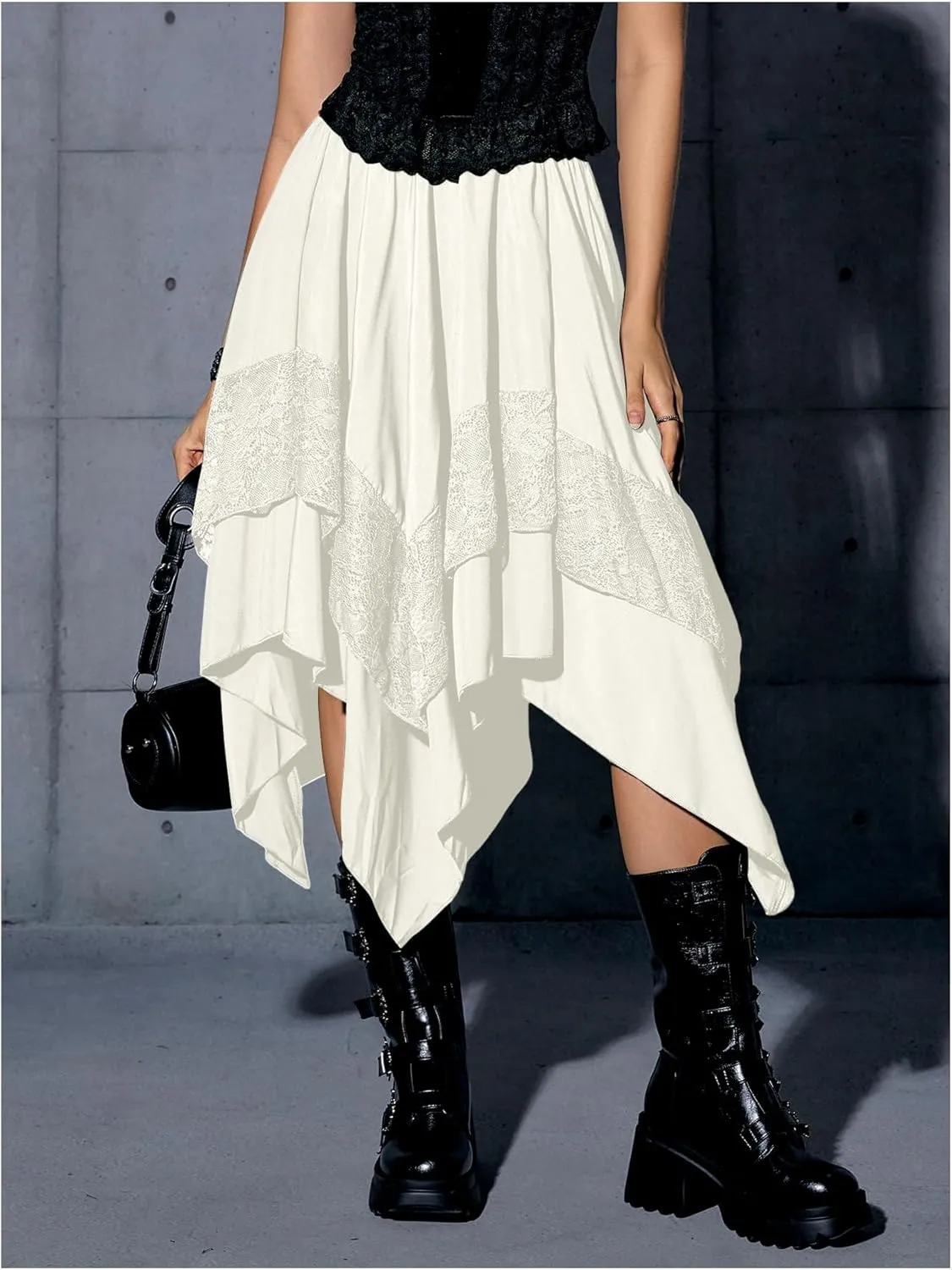Verdusa Women's Renaissance Flowy Fairy Skirt Y2k Contrast Lace Layered Asymmetrical Midi Skirts
