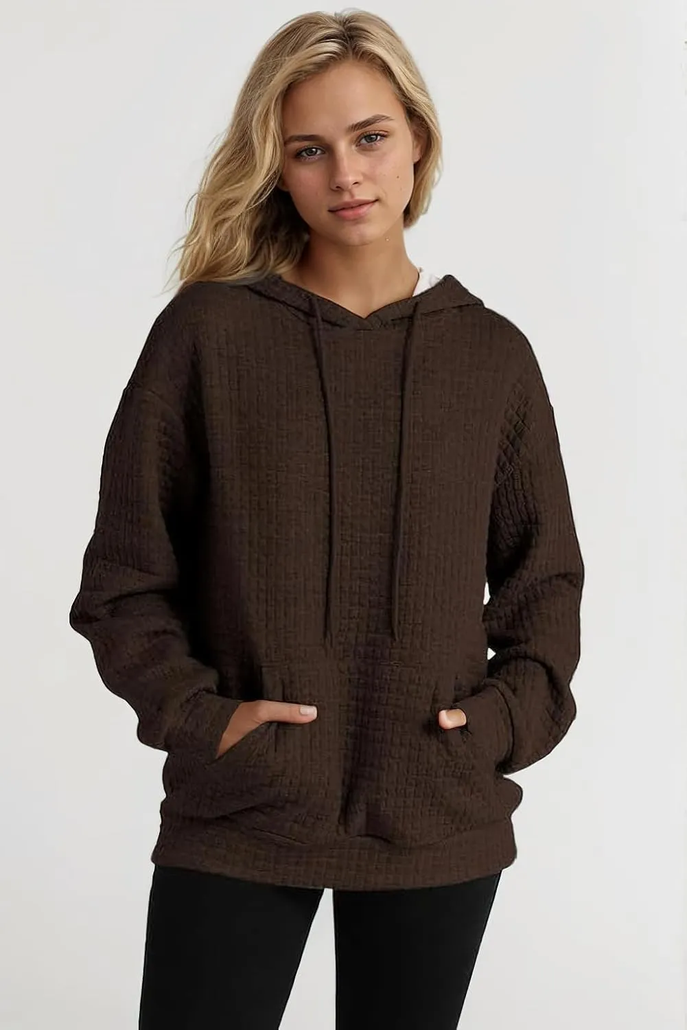 Viatabuna Womens Oversized Hoodies Basic Waffle Long Sleeve Pullover Tops Loose Hooded Sweatshirt with Pocket