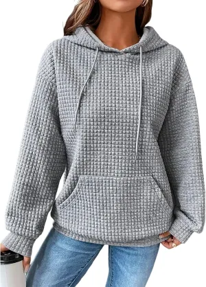 Viatabuna Womens Oversized Hoodies Basic Waffle Long Sleeve Pullover Tops Loose Hooded Sweatshirt with Pocket