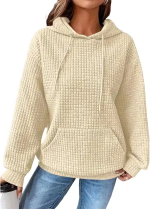 Viatabuna Womens Oversized Hoodies Basic Waffle Long Sleeve Pullover Tops Loose Hooded Sweatshirt with Pocket