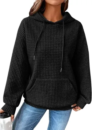 Viatabuna Womens Oversized Hoodies Basic Waffle Long Sleeve Pullover Tops Loose Hooded Sweatshirt with Pocket