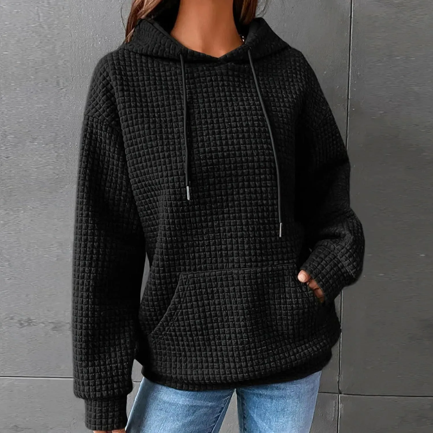 Viatabuna Womens Oversized Hoodies Basic Waffle Long Sleeve Pullover Tops Loose Hooded Sweatshirt with Pocket