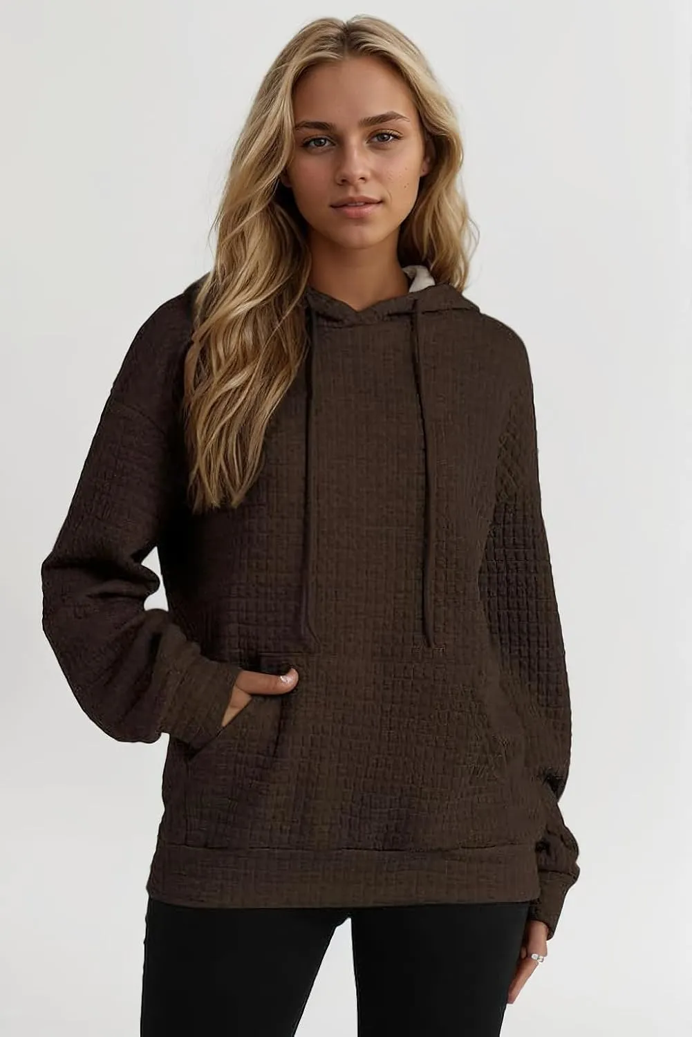 Viatabuna Womens Oversized Hoodies Basic Waffle Long Sleeve Pullover Tops Loose Hooded Sweatshirt with Pocket