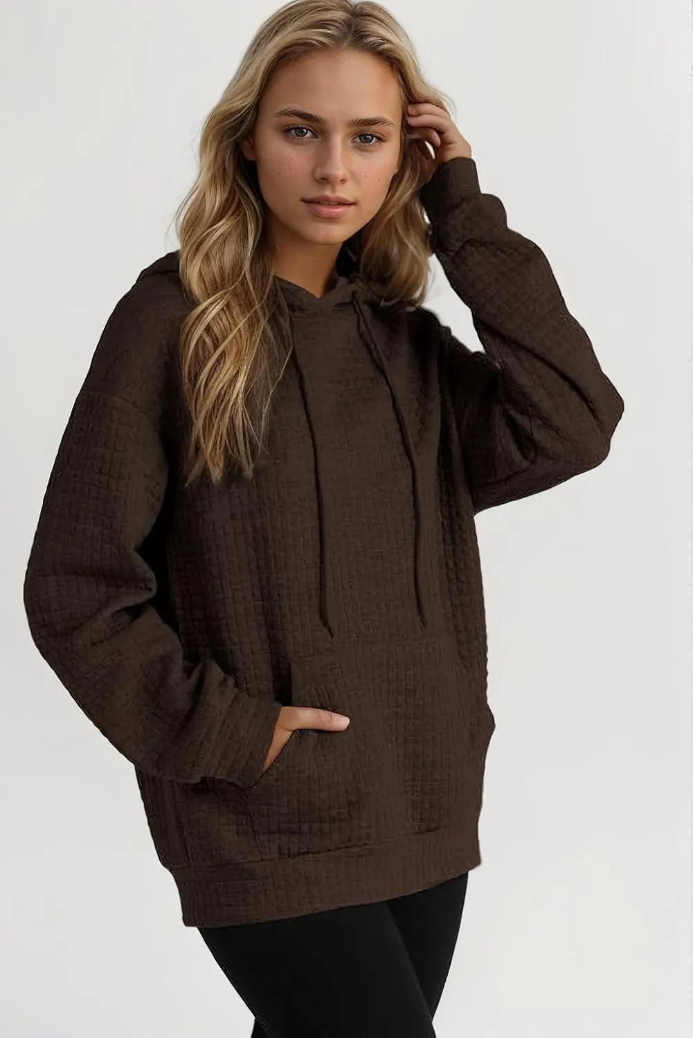 Viatabuna Womens Oversized Hoodies Basic Waffle Long Sleeve Pullover Tops Loose Hooded Sweatshirt with Pocket