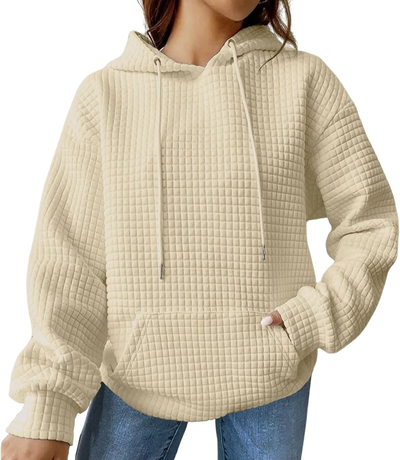 Viatabuna Womens Oversized Hoodies Basic Waffle Long Sleeve Pullover Tops Loose Hooded Sweatshirt with Pocket