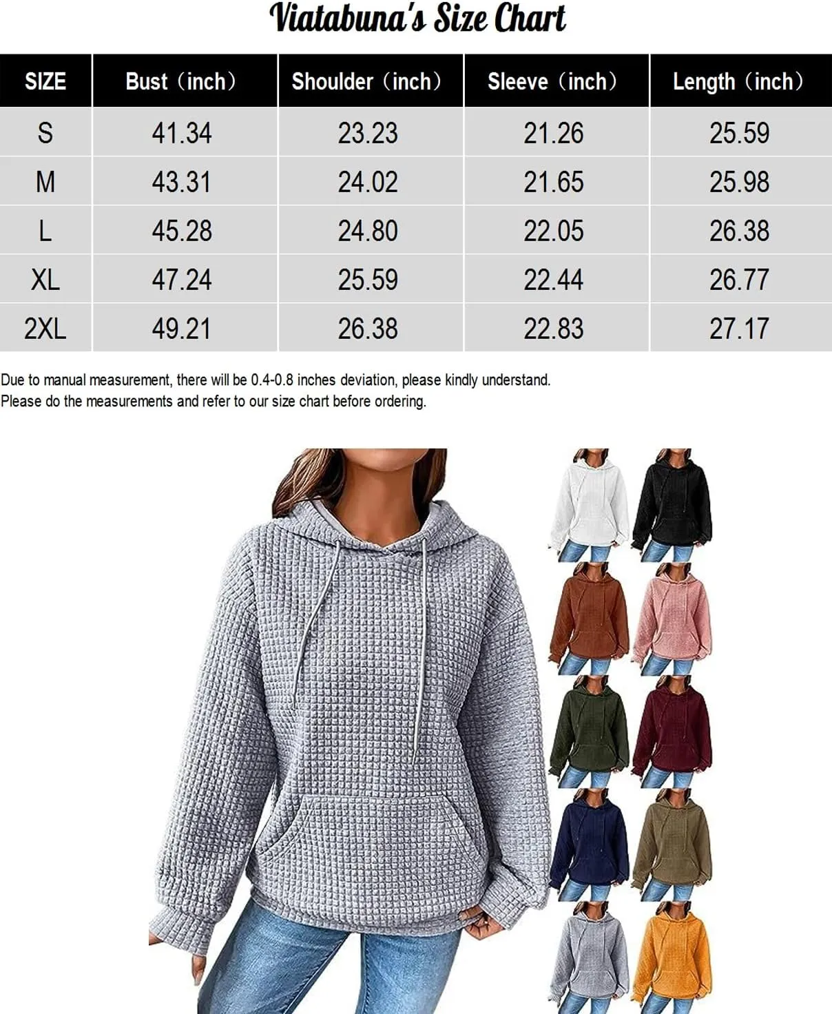 Viatabuna Womens Oversized Hoodies Basic Waffle Long Sleeve Pullover Tops Loose Hooded Sweatshirt with Pocket
