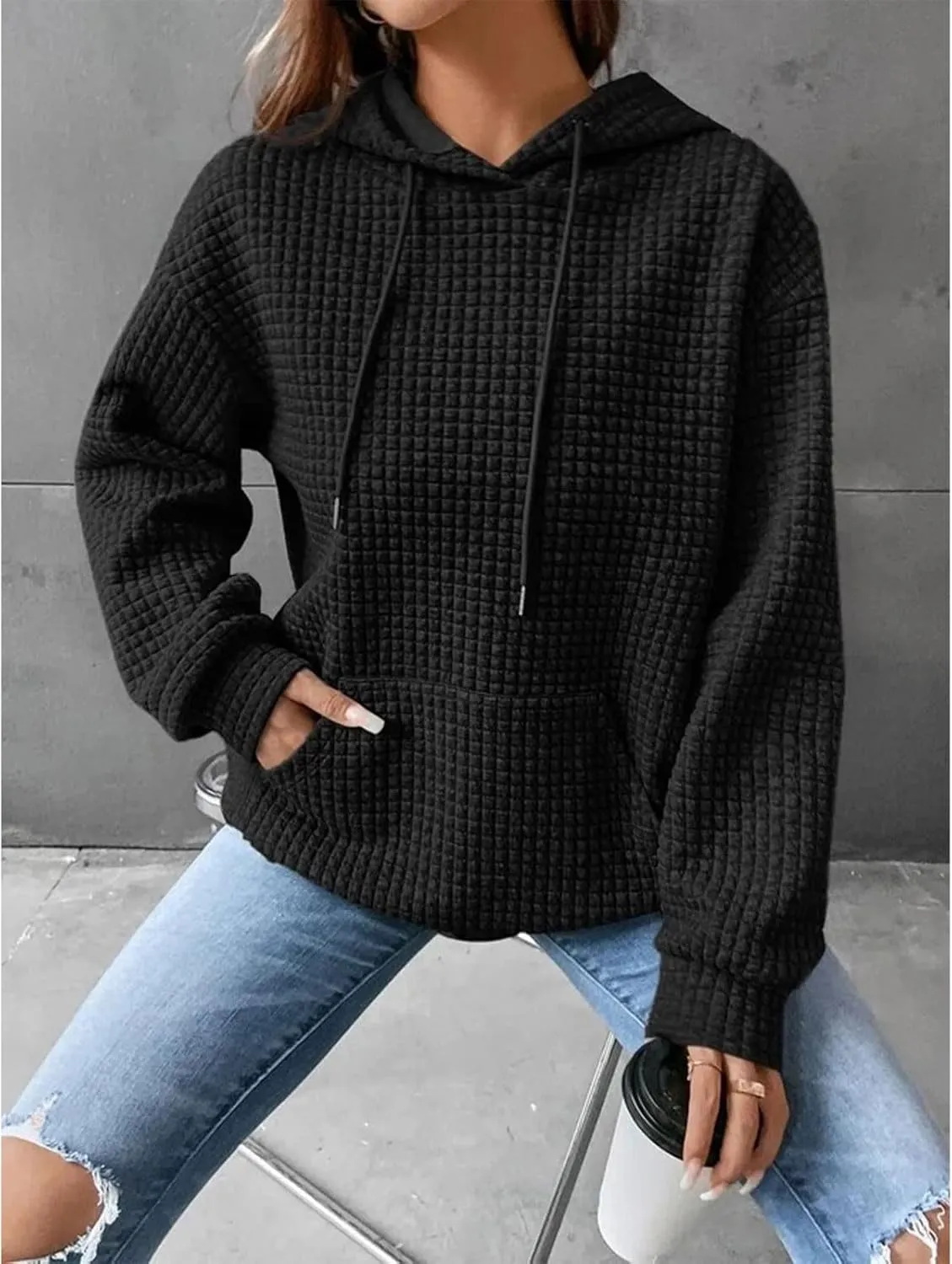 Viatabuna Womens Oversized Hoodies Basic Waffle Long Sleeve Pullover Tops Loose Hooded Sweatshirt with Pocket