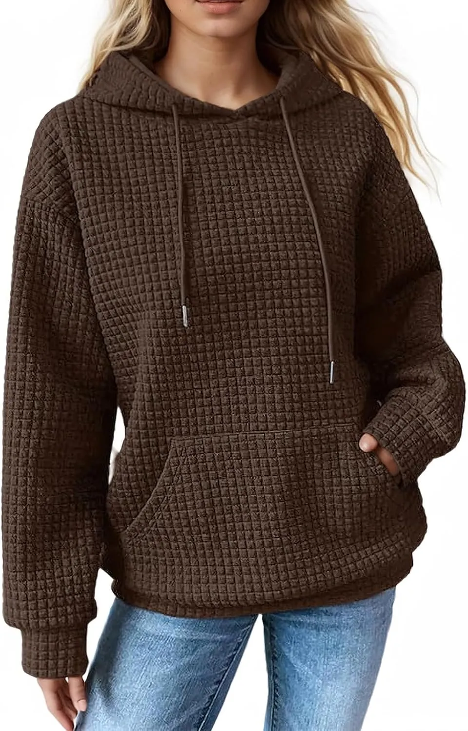 Viatabuna Womens Oversized Hoodies Basic Waffle Long Sleeve Pullover Tops Loose Hooded Sweatshirt with Pocket