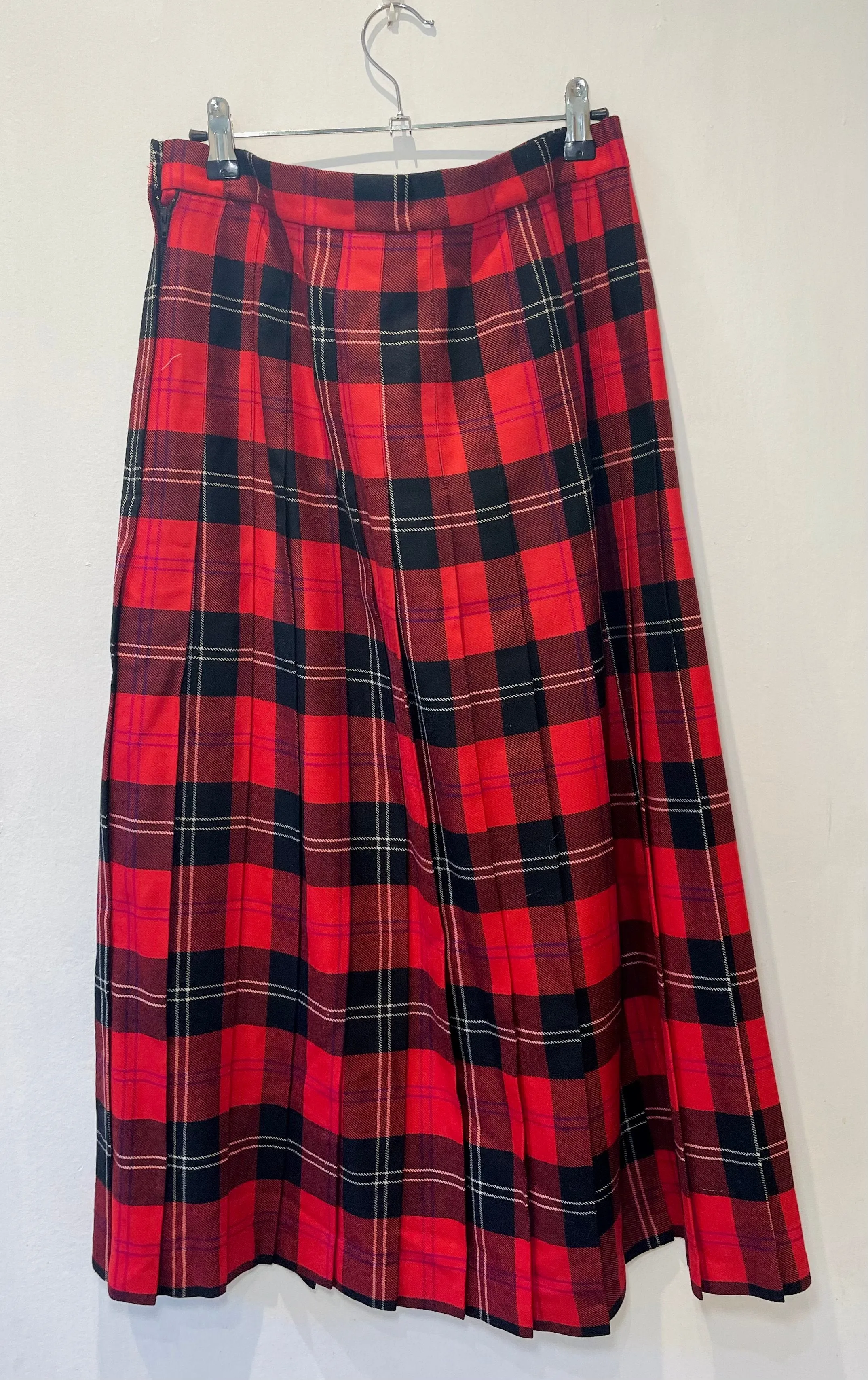 Vintage 80s Red Tartan Wool Pleated Maxi Skirt - Size 14