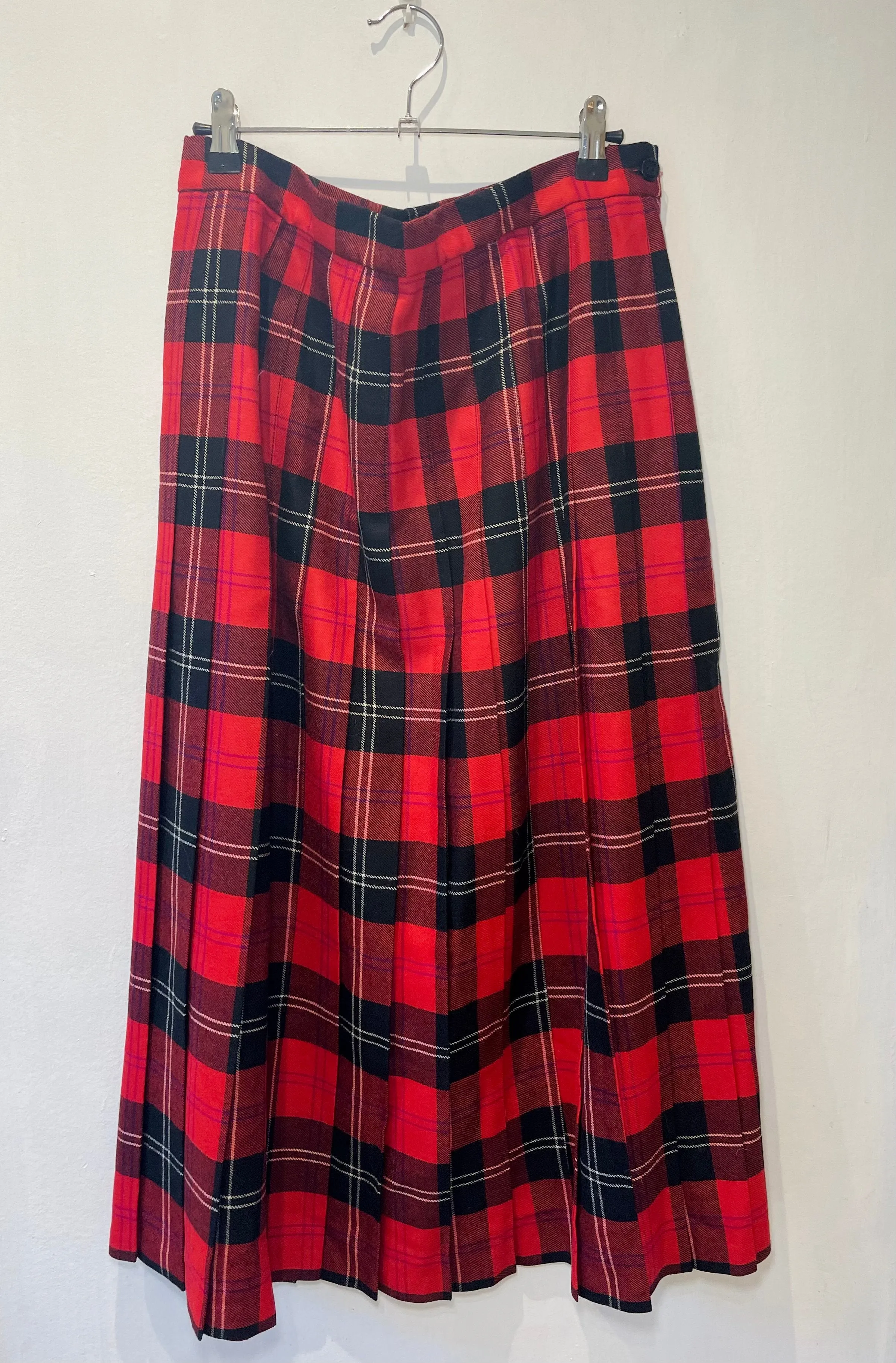 Vintage 80s Red Tartan Wool Pleated Maxi Skirt - Size 14