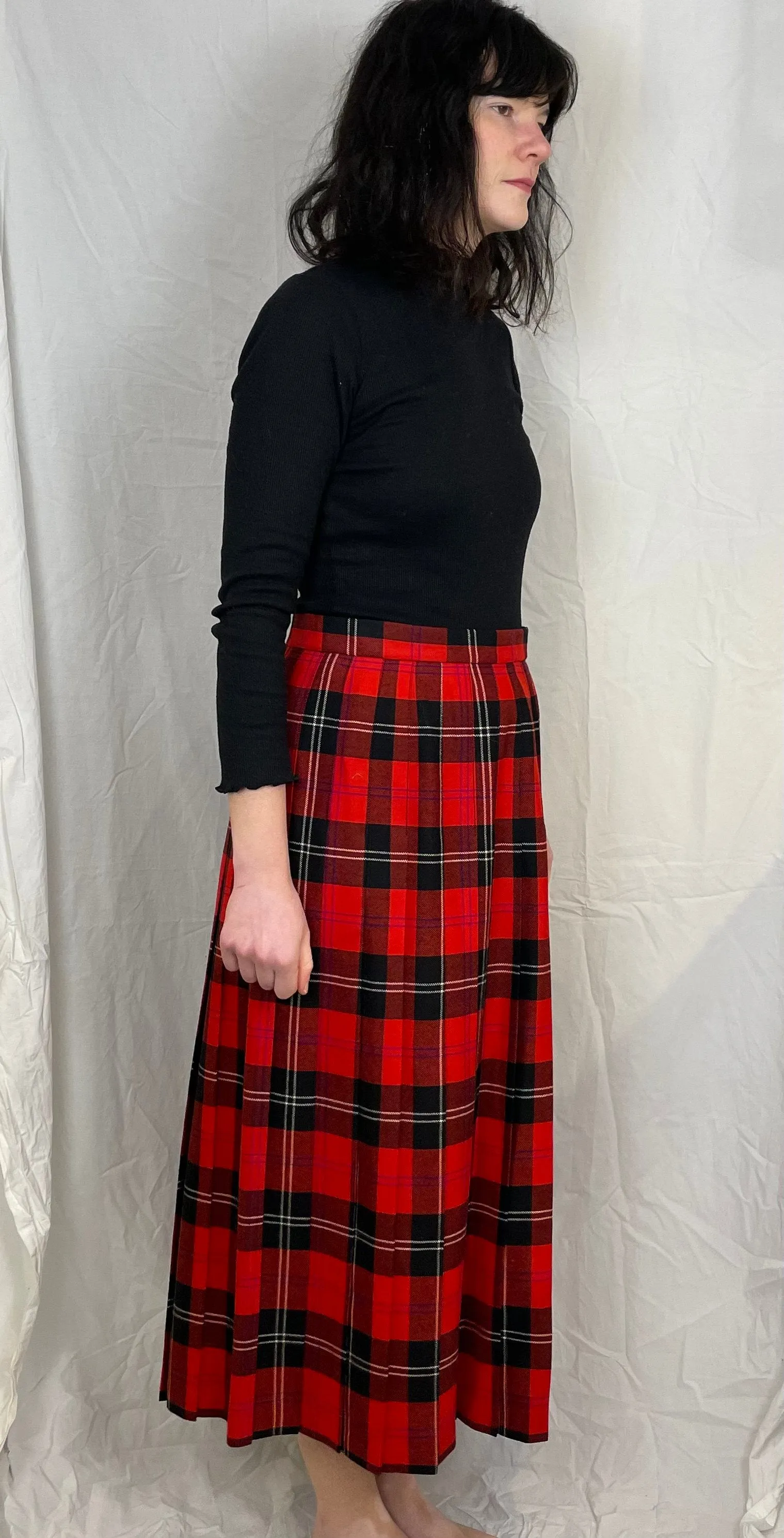 Vintage 80s Red Tartan Wool Pleated Maxi Skirt - Size 14