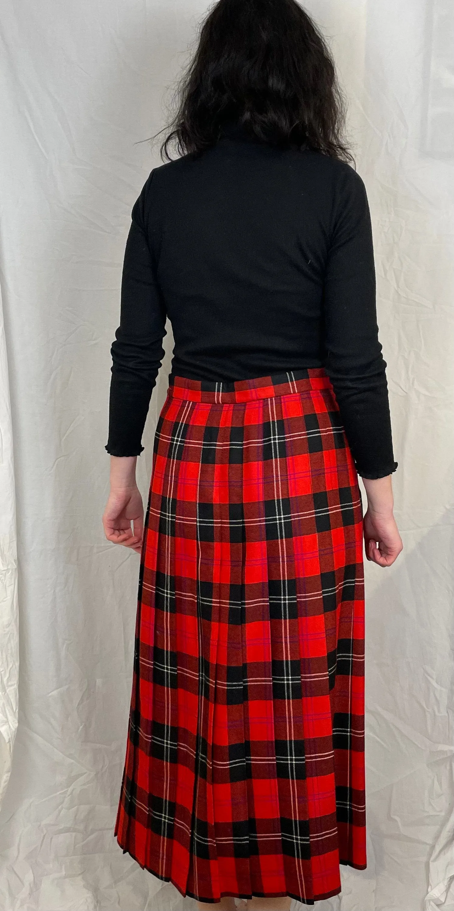 Vintage 80s Red Tartan Wool Pleated Maxi Skirt - Size 14