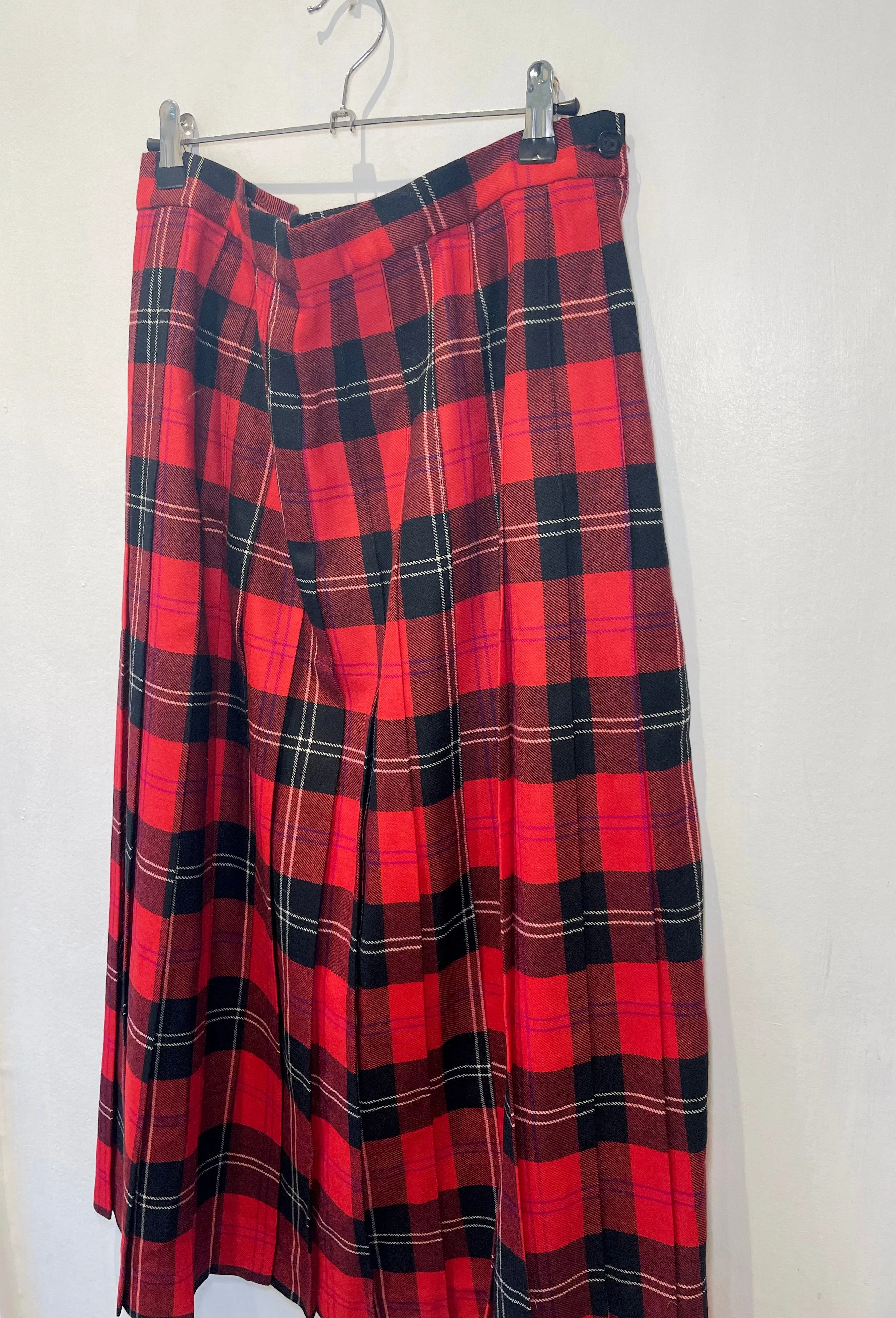 Vintage 80s Red Tartan Wool Pleated Maxi Skirt - Size 14