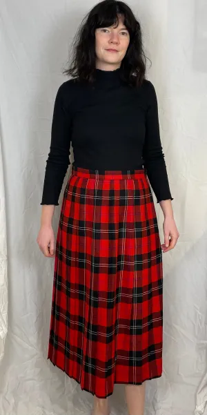 Vintage 80s Red Tartan Wool Pleated Maxi Skirt - Size 14