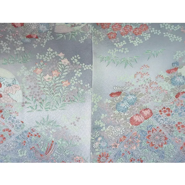 Vintage Haori Kimono Jacket Silk, Greyish Blue base, Floral Motifs