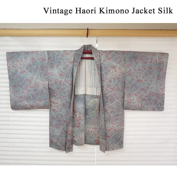 Vintage Haori Kimono Jacket Silk, Greyish Blue base, Floral Motifs