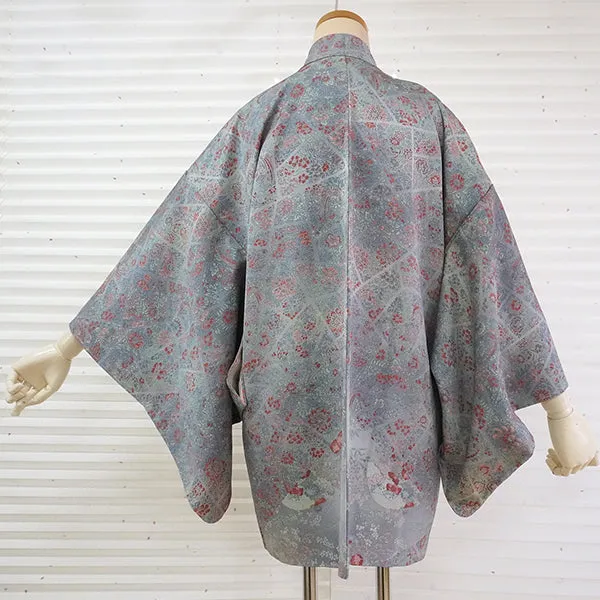 Vintage Haori Kimono Jacket Silk, Greyish Blue base, Floral Motifs