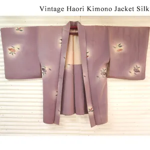 Vintage Haori Kimono Jacket Silk, Soft Purple base, Sweet Floral Accents