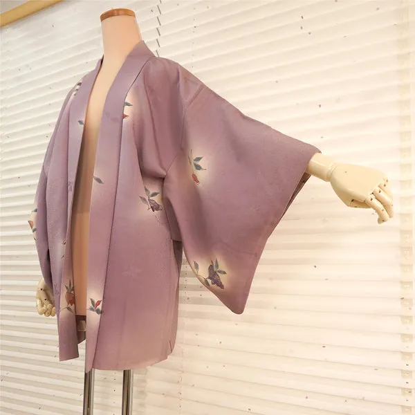 Vintage Haori Kimono Jacket Silk, Soft Purple base, Sweet Floral Accents