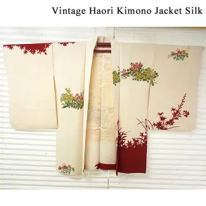 Vintage Haori Kimono Jacket Silk, White(ivory) base, Maples, Floral