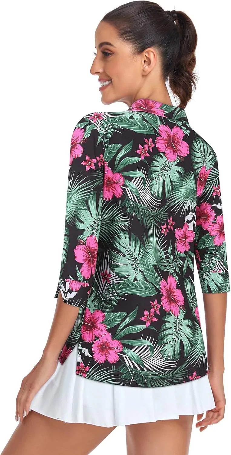 Viracy Women's Golf Shirts 3/4 Sleeve Sun Protection Quarter Zip with Zipper Pockets Athletic Polo Workout Tops S-2XL