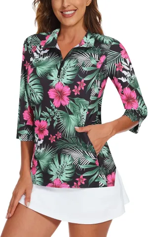 Viracy Women's Golf Shirts 3/4 Sleeve Sun Protection Quarter Zip with Zipper Pockets Athletic Polo Workout Tops S-2XL