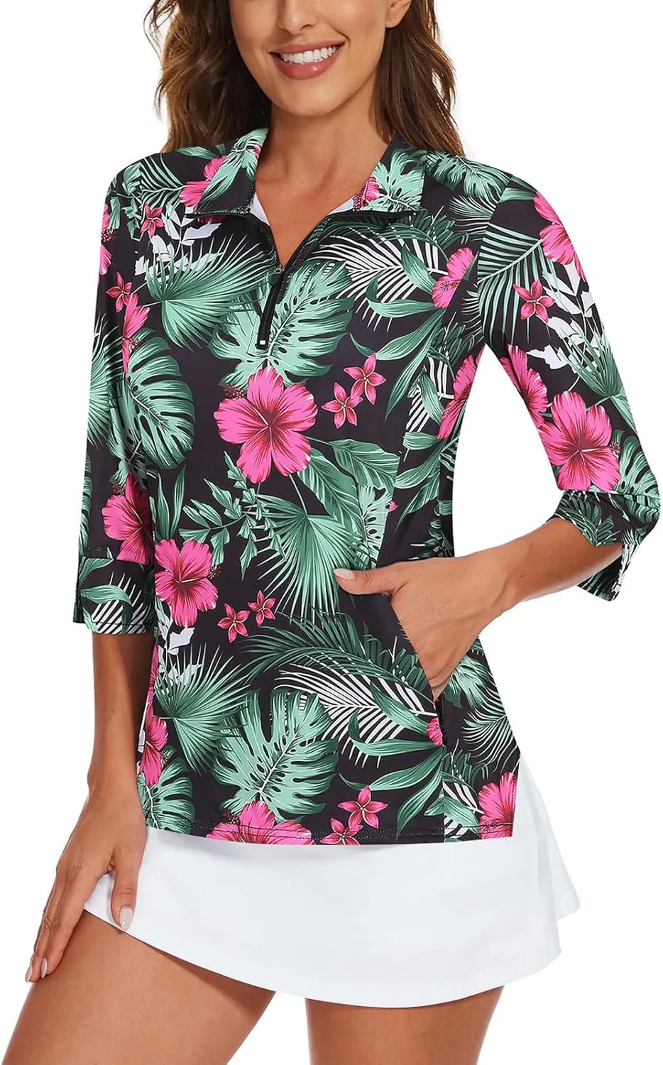 Viracy Women's Golf Shirts 3/4 Sleeve Sun Protection Quarter Zip with Zipper Pockets Athletic Polo Workout Tops S-2XL