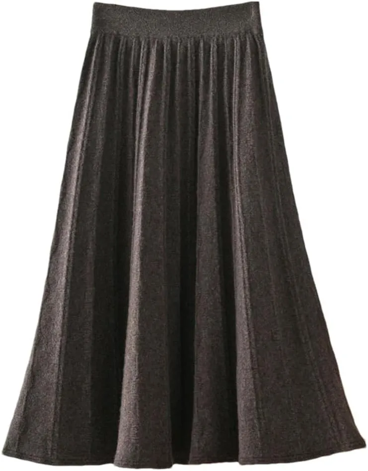 Vsadsau Women's Wool Pleated Knitted Skirt Elastic Waist A Line Solid Color Loose Midi Skirts
