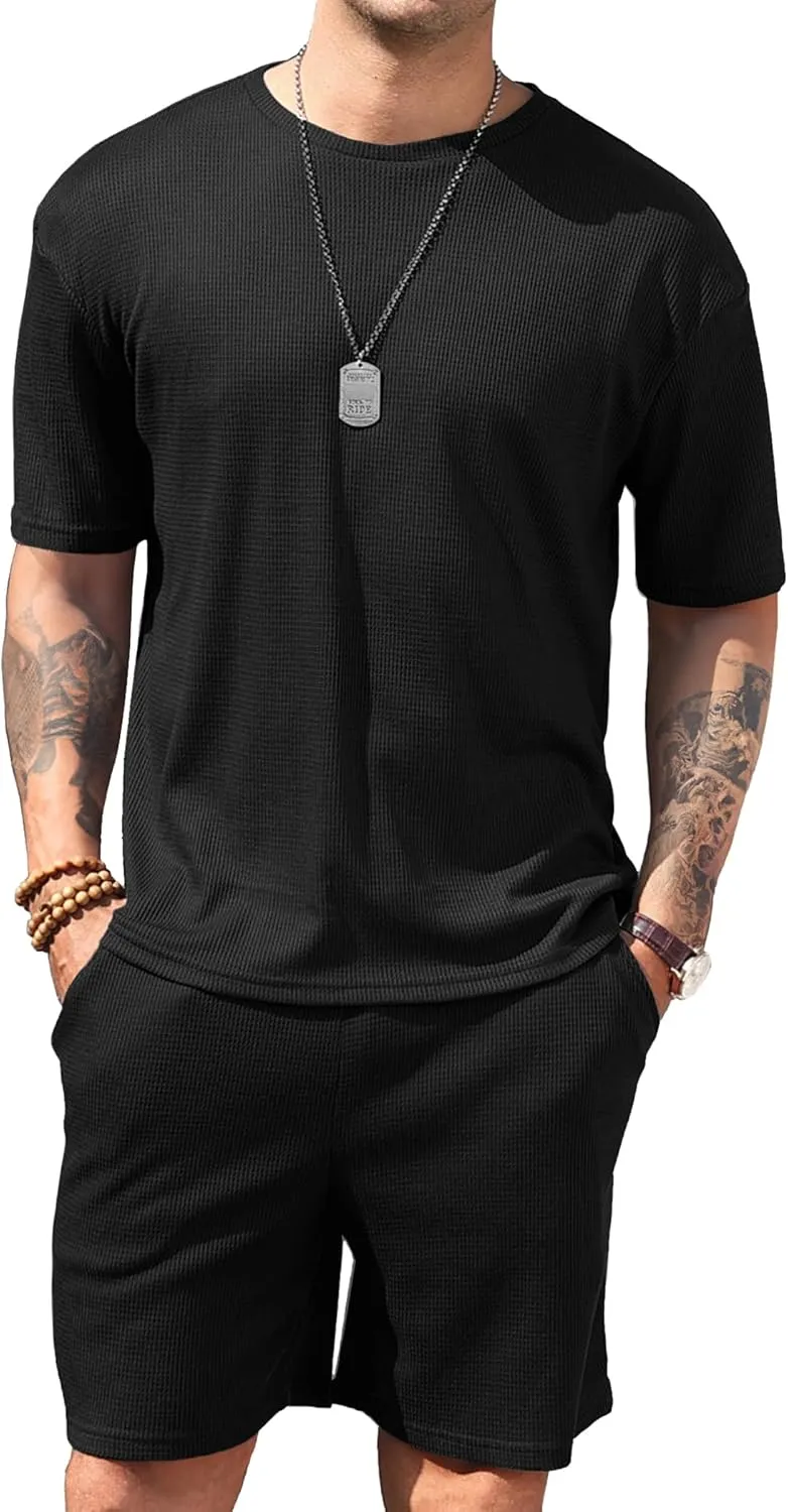 Vssjavun Mens Short Sets 2 Pieces Outfits Waffle Knit Lounge Set Short Sleeve Summer Casual Tracksuit