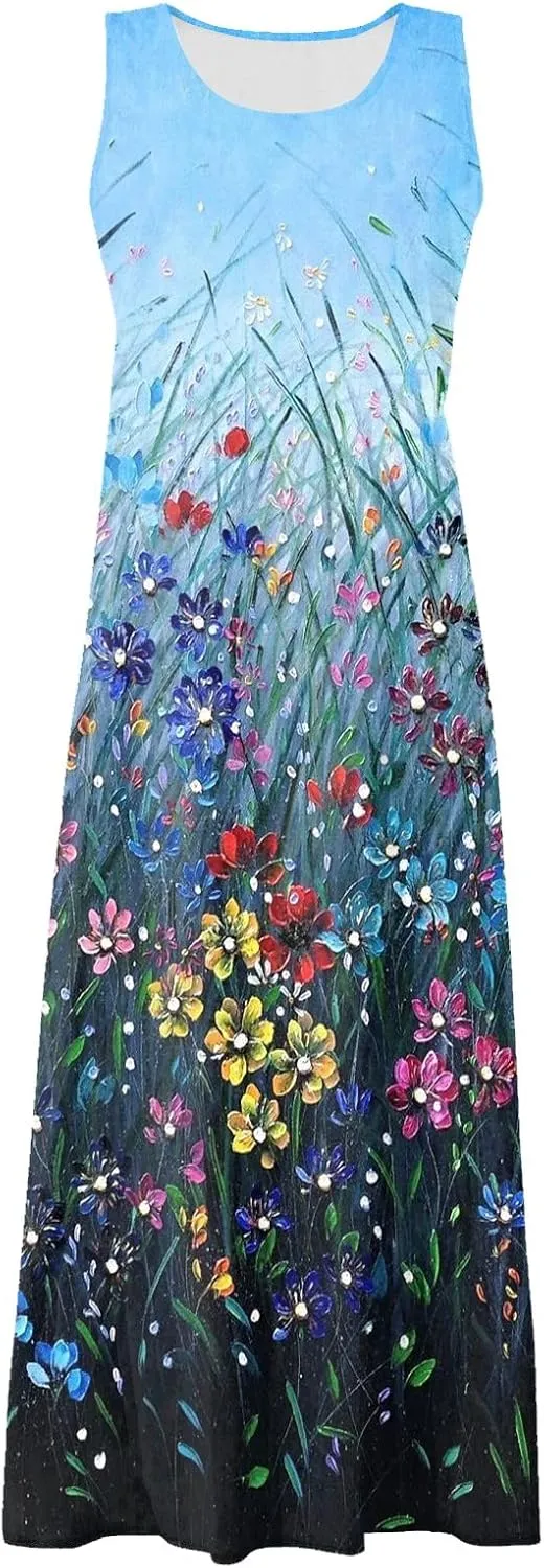 WANZZXCSL Women's Summer Cotton Linen Long Dress Sleeveless Trendy Flowy Dresses Plus Size Loose Comfy Dress with Pockets