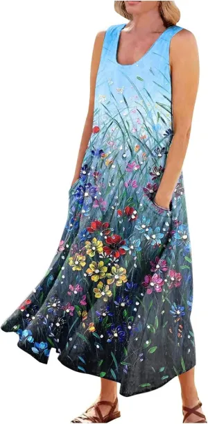WANZZXCSL Women's Summer Cotton Linen Long Dress Sleeveless Trendy Flowy Dresses Plus Size Loose Comfy Dress with Pockets