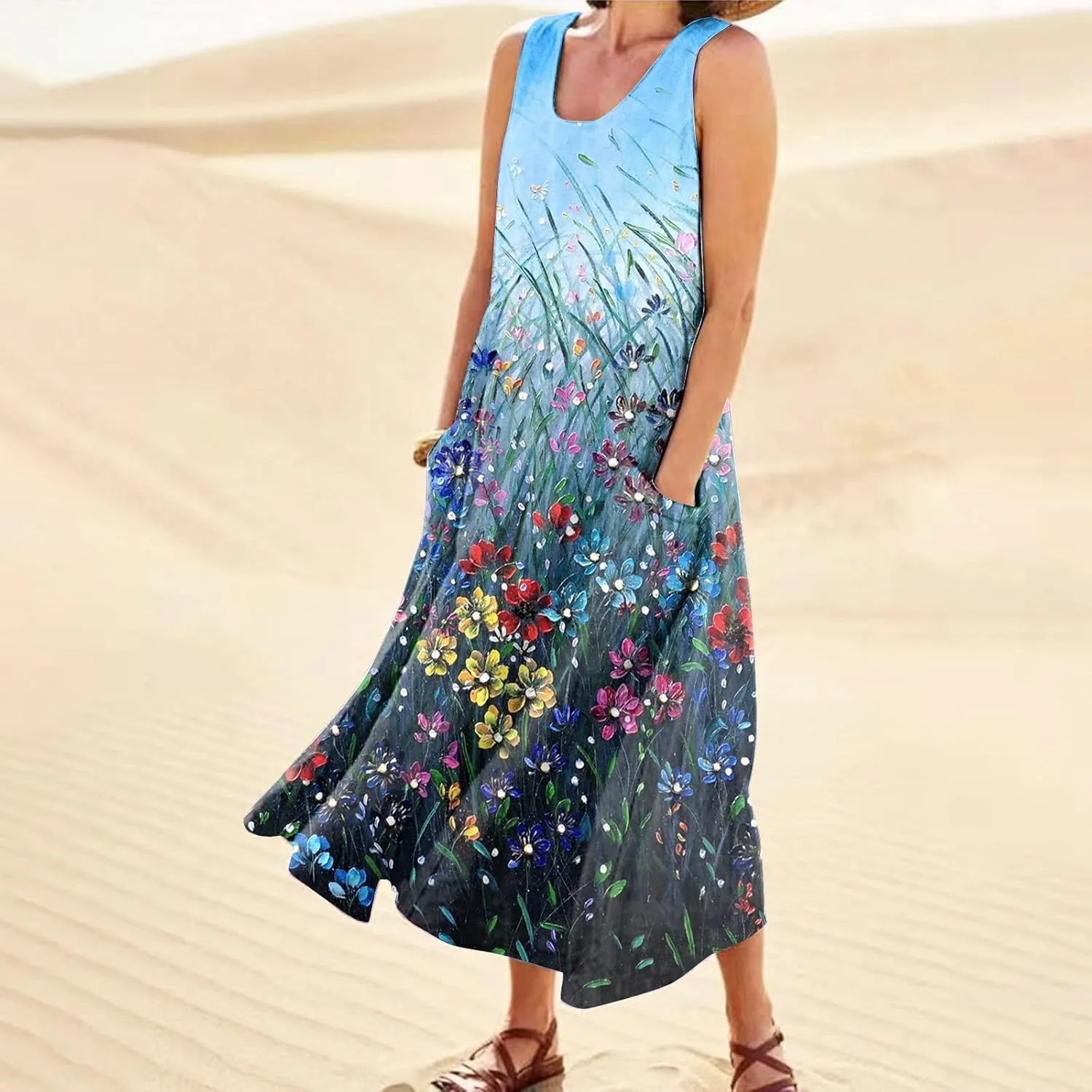 WANZZXCSL Women's Summer Cotton Linen Long Dress Sleeveless Trendy Flowy Dresses Plus Size Loose Comfy Dress with Pockets