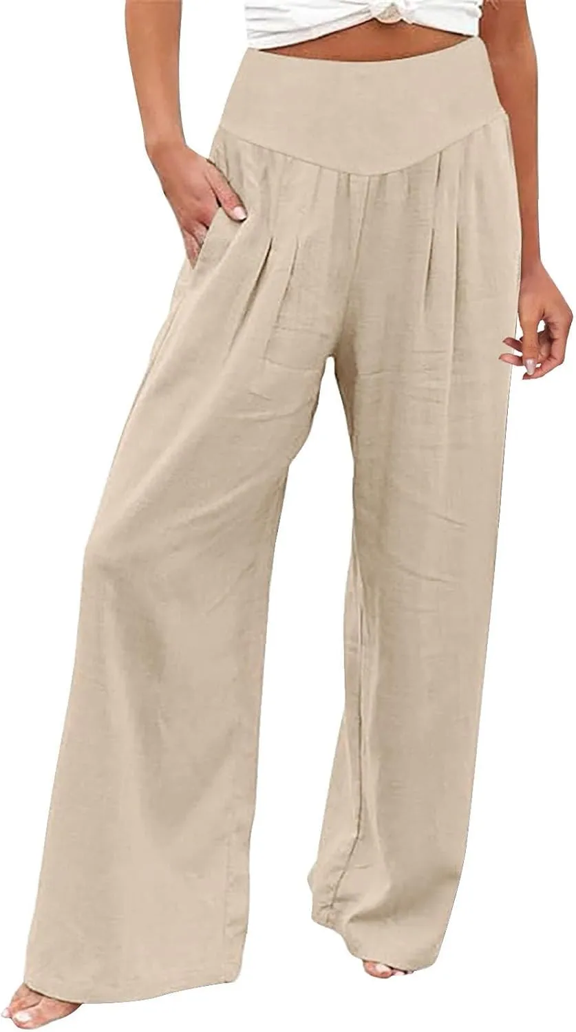 Wide Leg Cotton Pants for Women High Waist Wide Leg Loose Palazzo Beach Pants High Waist Plus Size Lounge Palazzo Trousers