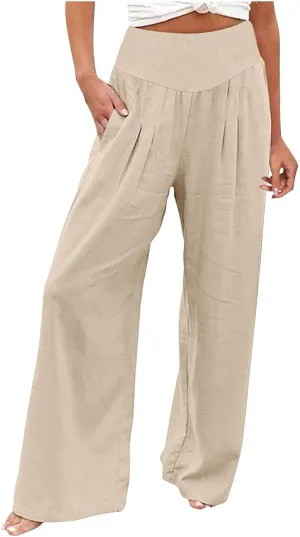 Wide Leg Cotton Pants for Women High Waist Wide Leg Loose Palazzo Beach Pants High Waist Plus Size Lounge Palazzo Trousers