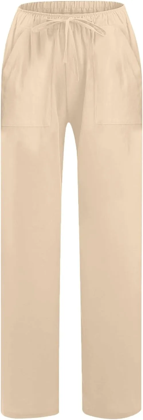 Wide Leg Linen Pants for Women 2025 Summer Drawstring Waist Loose Cotton Linen Palazzo Trousers Casual Lounge Pants