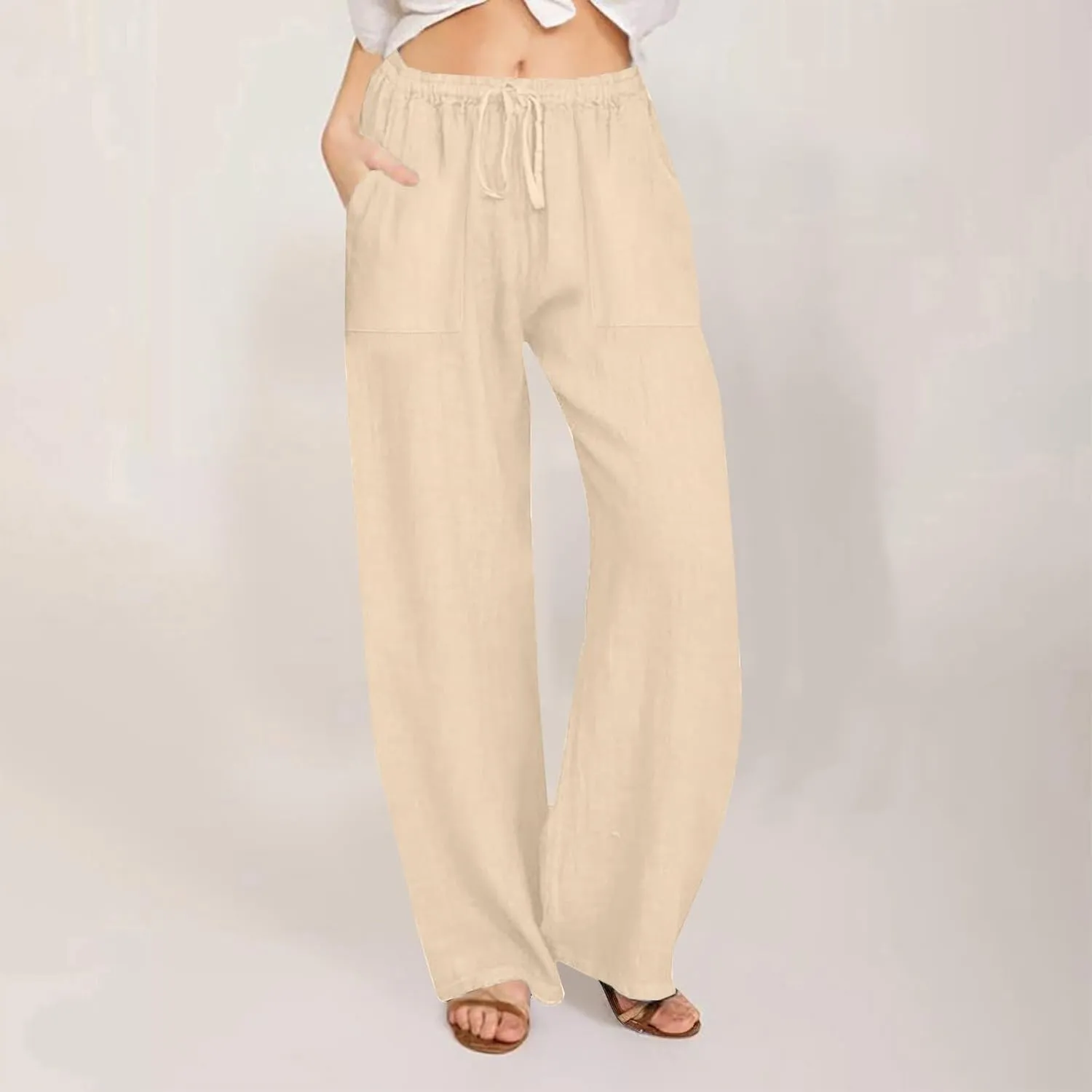 Wide Leg Linen Pants for Women 2025 Summer Drawstring Waist Loose Cotton Linen Palazzo Trousers Casual Lounge Pants