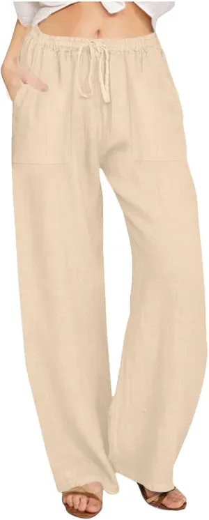 Wide Leg Linen Pants for Women 2025 Summer Drawstring Waist Loose Cotton Linen Palazzo Trousers Casual Lounge Pants