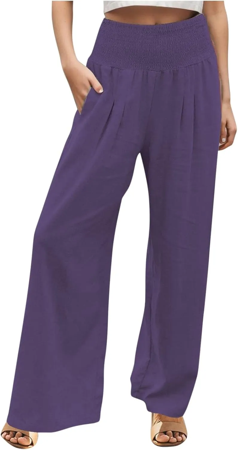 Wide Leg Linen Pants for Women Beach Casual Elastic High Waist Loose Comfy Trousers Trendy Palazzo Pants with Pockets