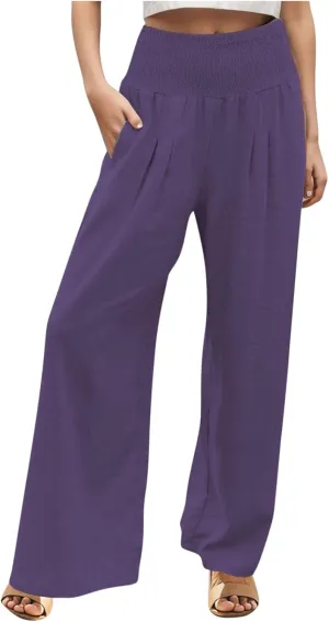 Wide Leg Linen Pants for Women Beach Casual Elastic High Waist Loose Comfy Trousers Trendy Palazzo Pants with Pockets