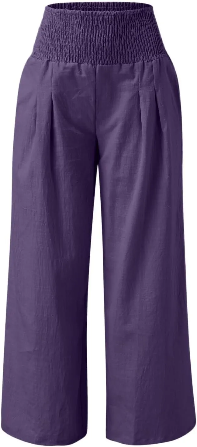 Wide Leg Linen Pants for Women Beach Casual Elastic High Waist Loose Comfy Trousers Trendy Palazzo Pants with Pockets