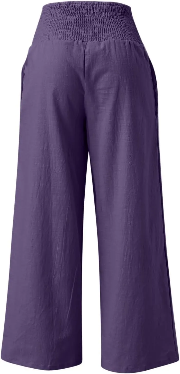 Wide Leg Linen Pants for Women Beach Casual Elastic High Waist Loose Comfy Trousers Trendy Palazzo Pants with Pockets