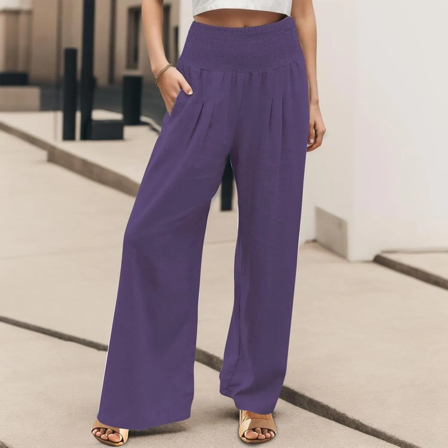 Wide Leg Linen Pants for Women Beach Casual Elastic High Waist Loose Comfy Trousers Trendy Palazzo Pants with Pockets