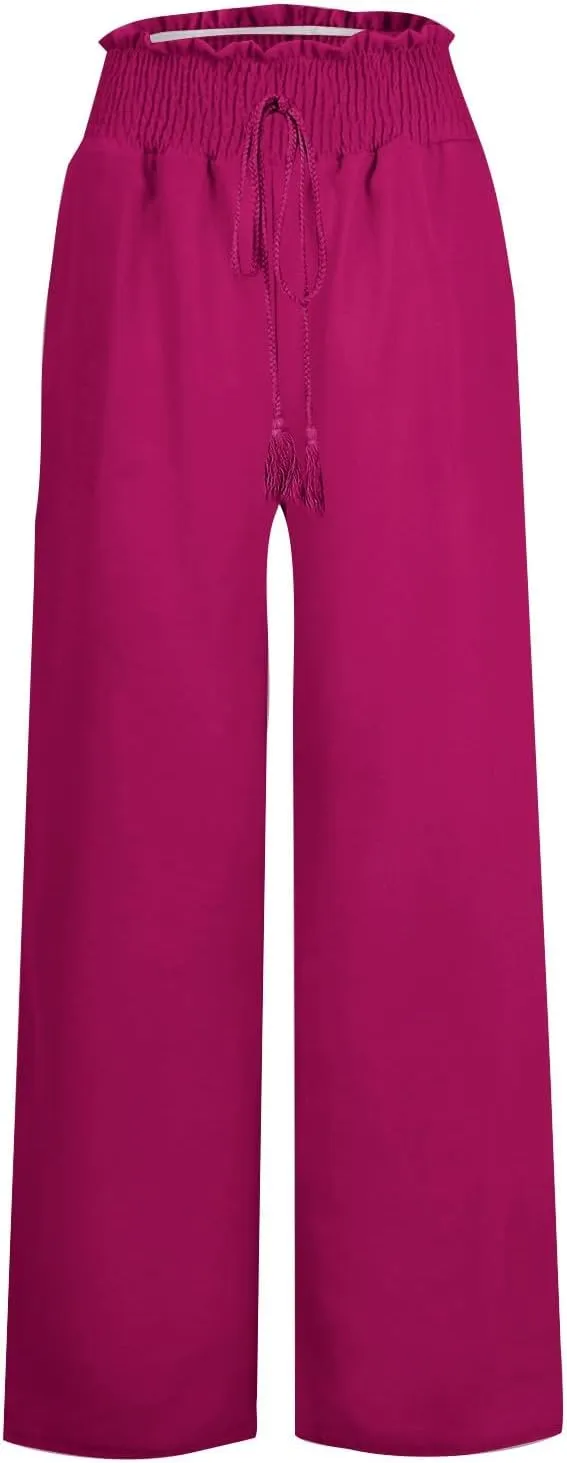 Wide Leg Linen Pants for Women Casual Summer Smocked High Waist Palazzo Pants Yoga Baggy Trousers with Pockets Beach